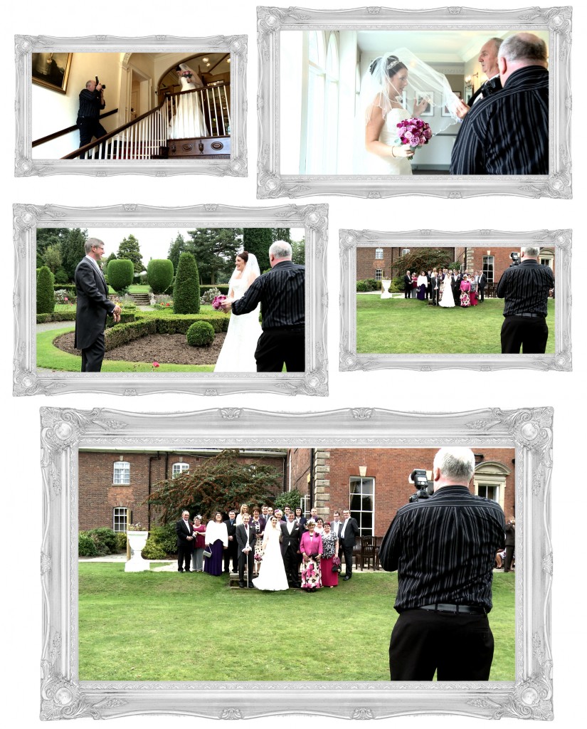 A selection of stills from a wedding video showing the photographer working with the couple for photographs during their wedding day at Mottram Hall in Cheshire