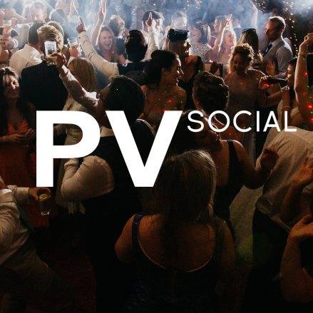 PV socials logo over the top of a dark and busy night club bar scene with people drinking and dancing