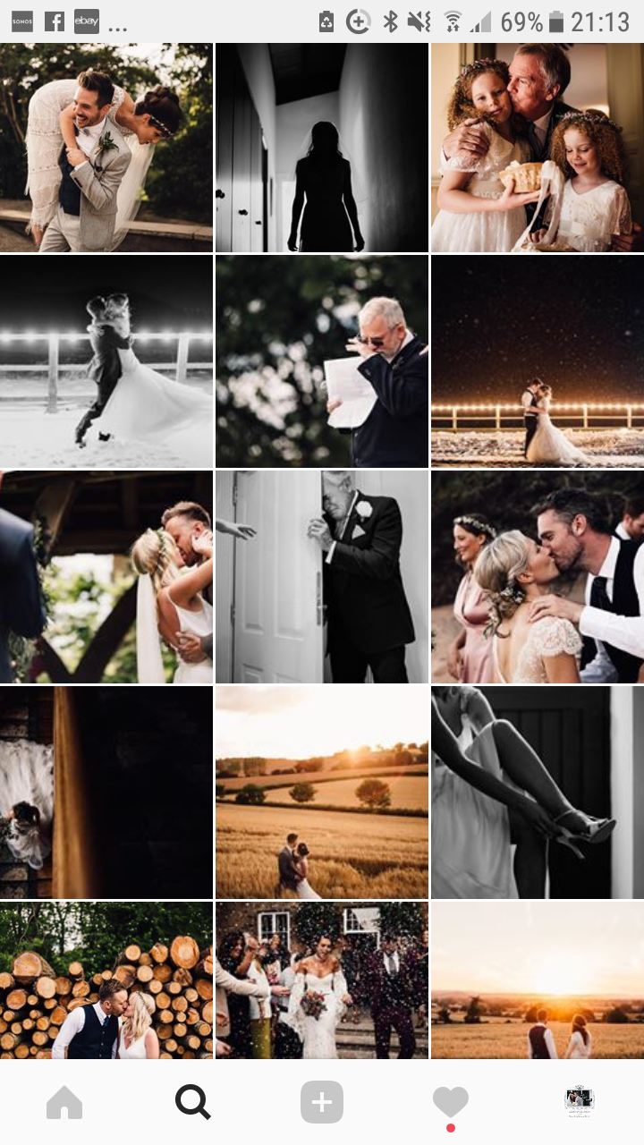 Instagram feed with thumbnails of wedding photography work from Sam Docker Photography
