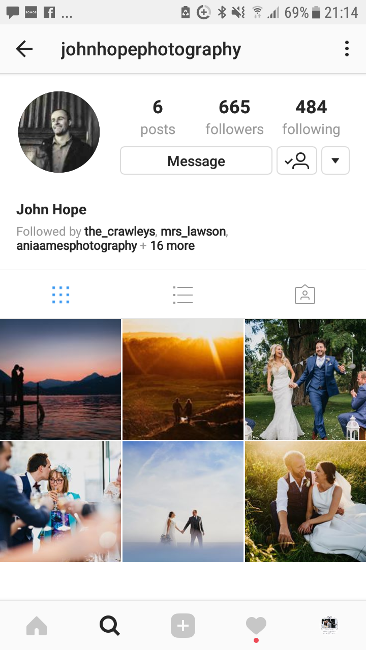 Instagram feed with thumbnails of wedding photography work from John Hope in Yorkshire