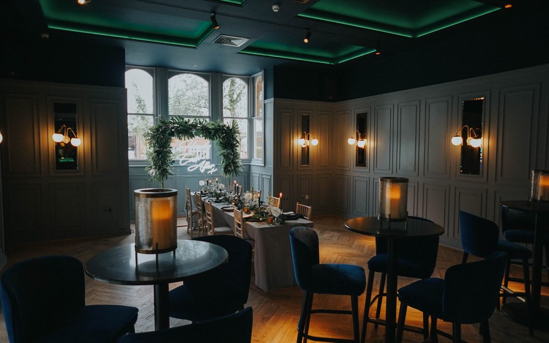 a wide photograph of the romantic library room at Albert's in Standish Lancashire