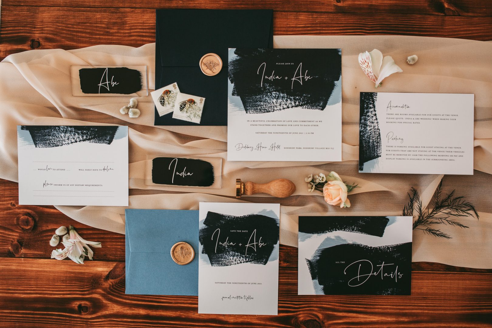flat lay of navy wedding stationary