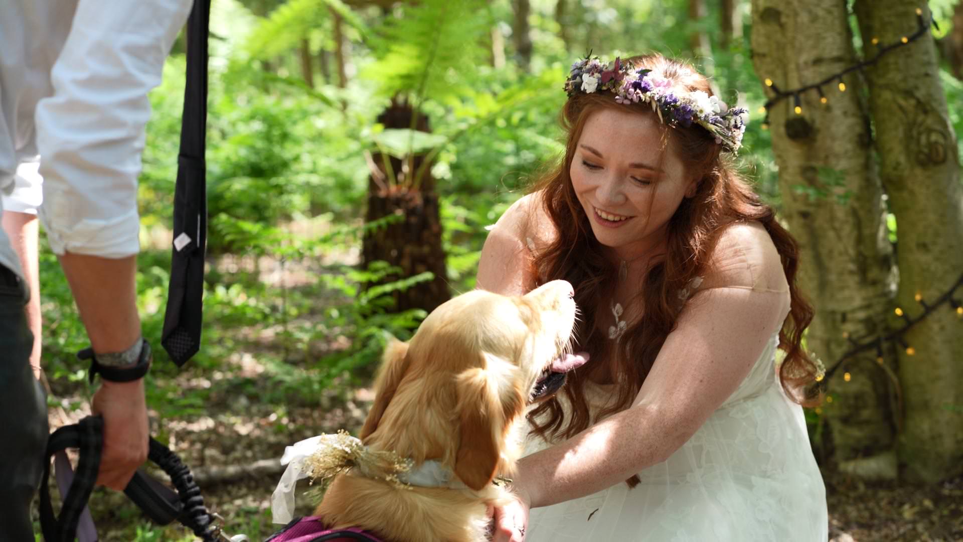 Cheshire Woodland Outdoor Wedding Video 16 dog joins couple during wedding ceremony at Cheshire Woodland Weddings