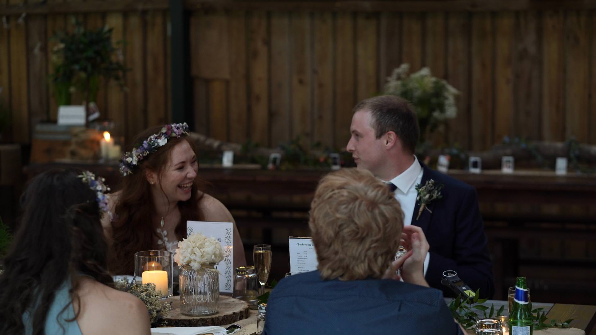 video still of wedding speeches inside barn wedding