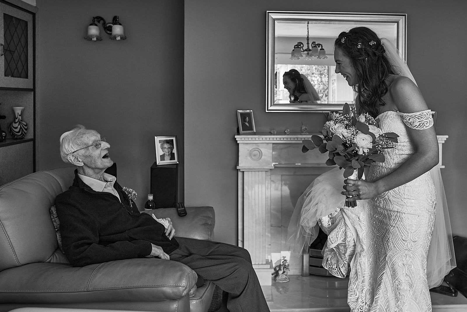 bride visits and chats to grandad on way to church