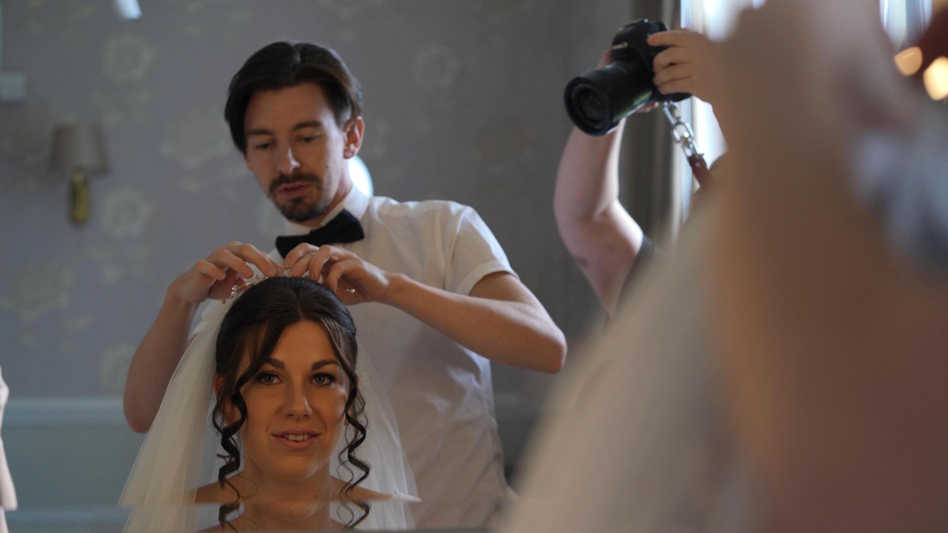 Rebecca and Nathan Ashfield House Wedding 8 duncan fisher finishing bridal look with veil