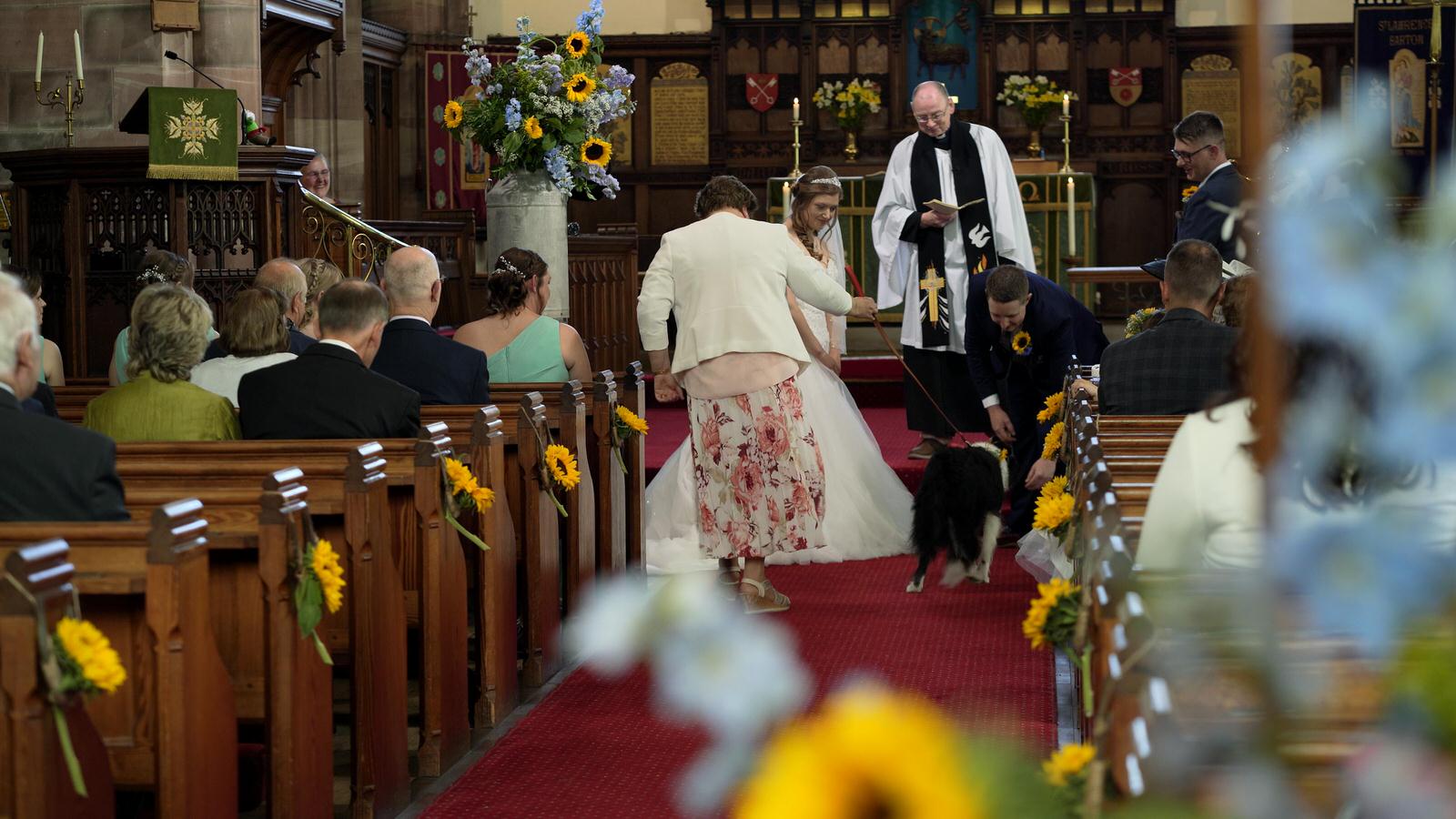 groom gets wedding rings from their dog in church