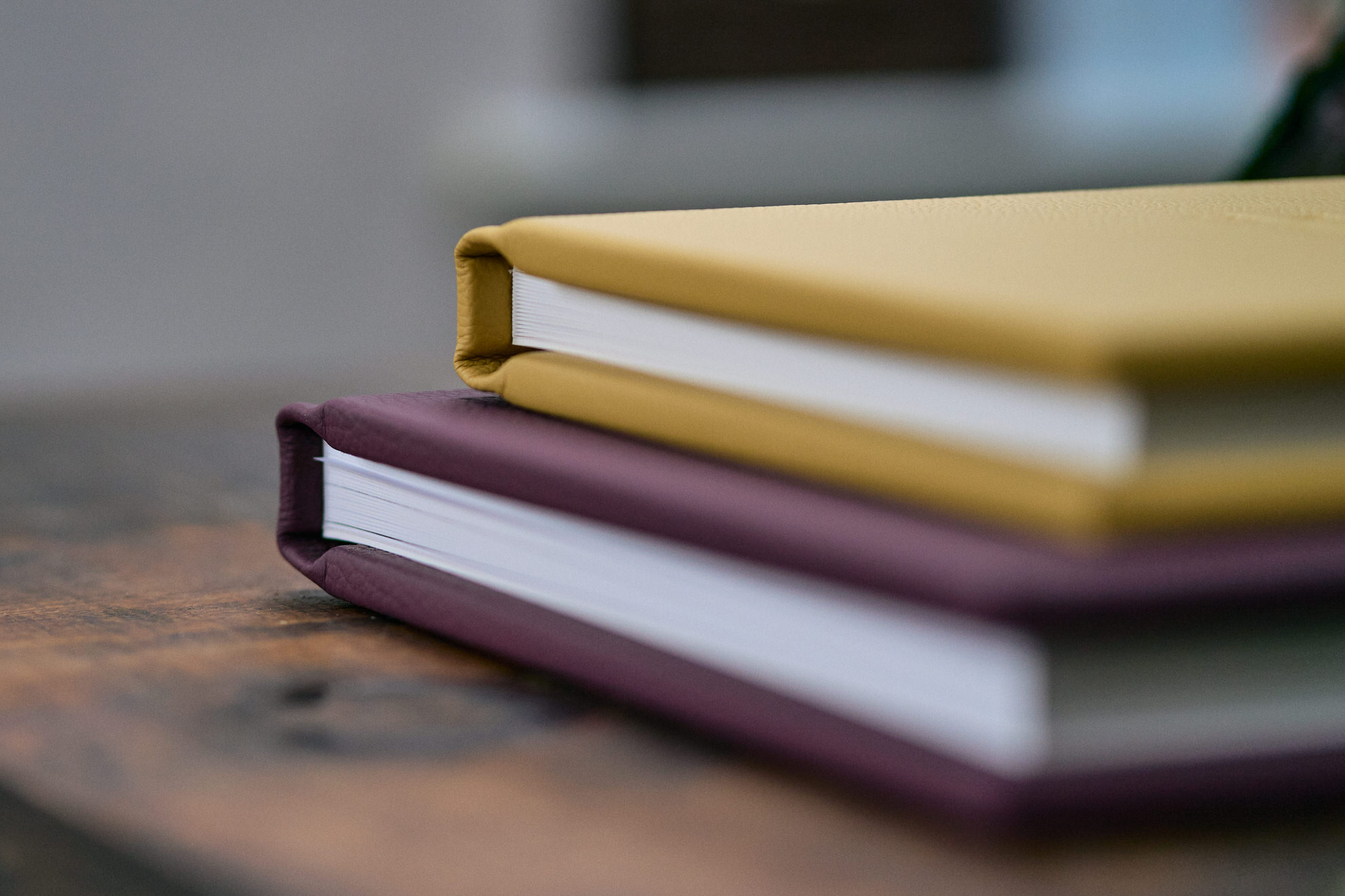 close up of two leather photography books