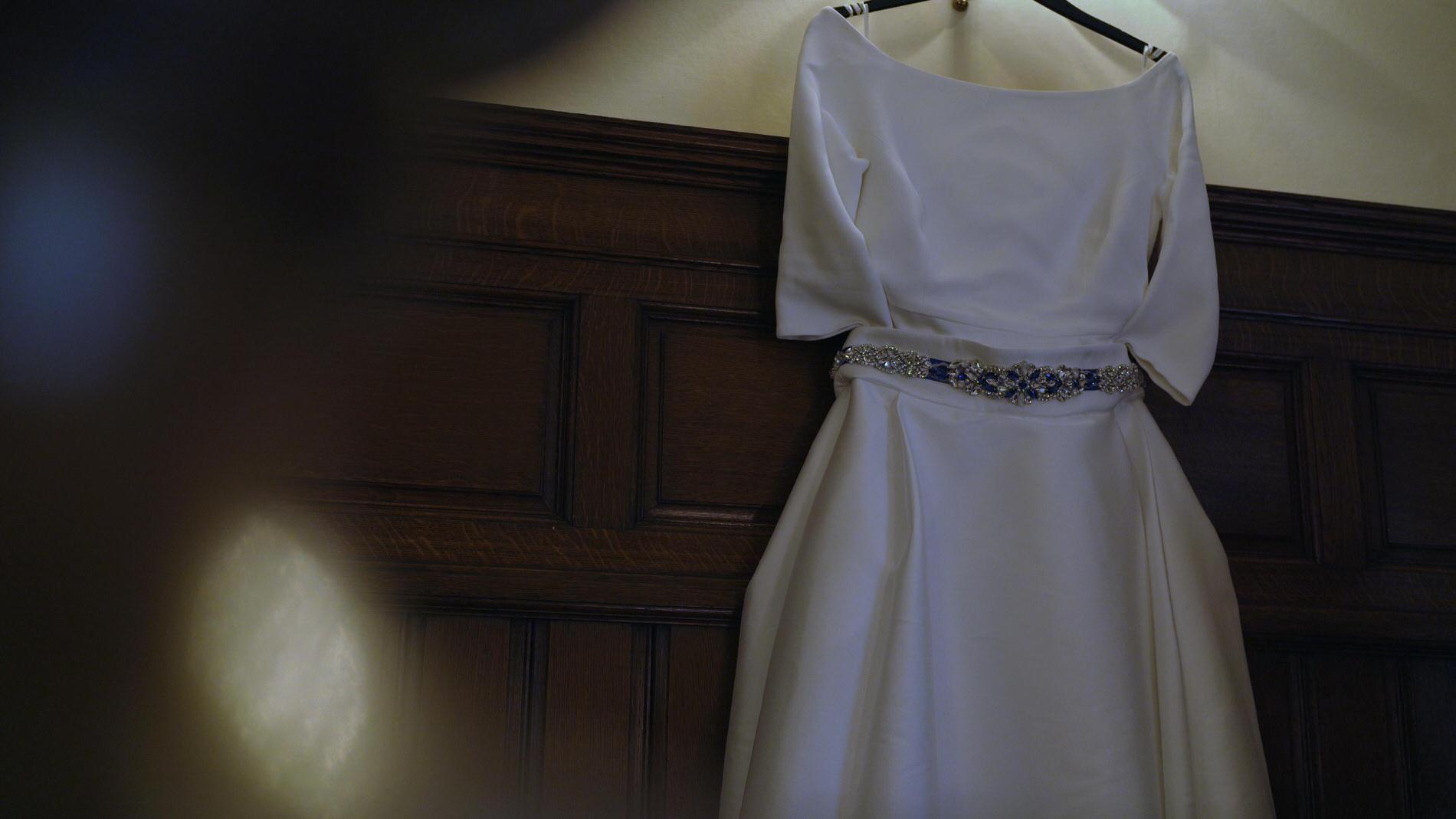 wedding dress hangs at Rookery Hall