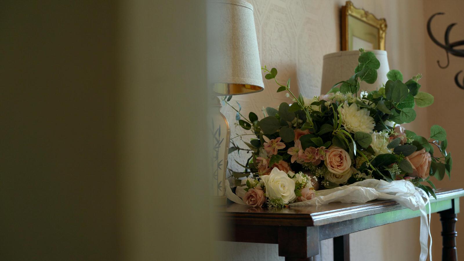 foam faux wedding flower bouquet on table