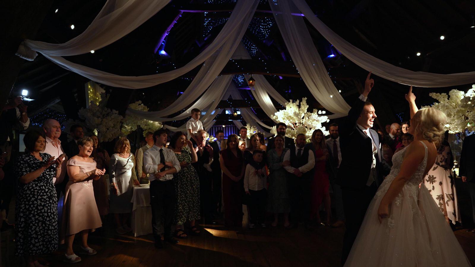 wide shot of first dance at Rivington hall barn