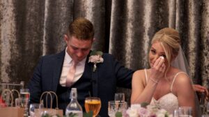 couple get emotional on wedding video during speeches