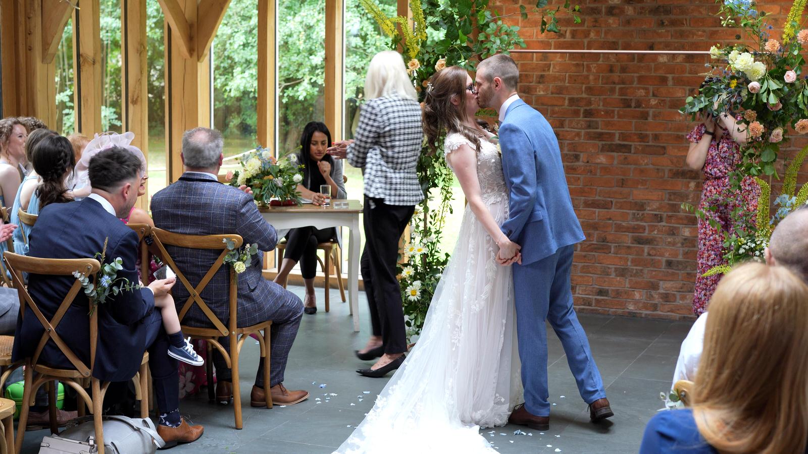 Kerry and Nicks Oaktree Peover wedding 13 couple kiss as husband and wife