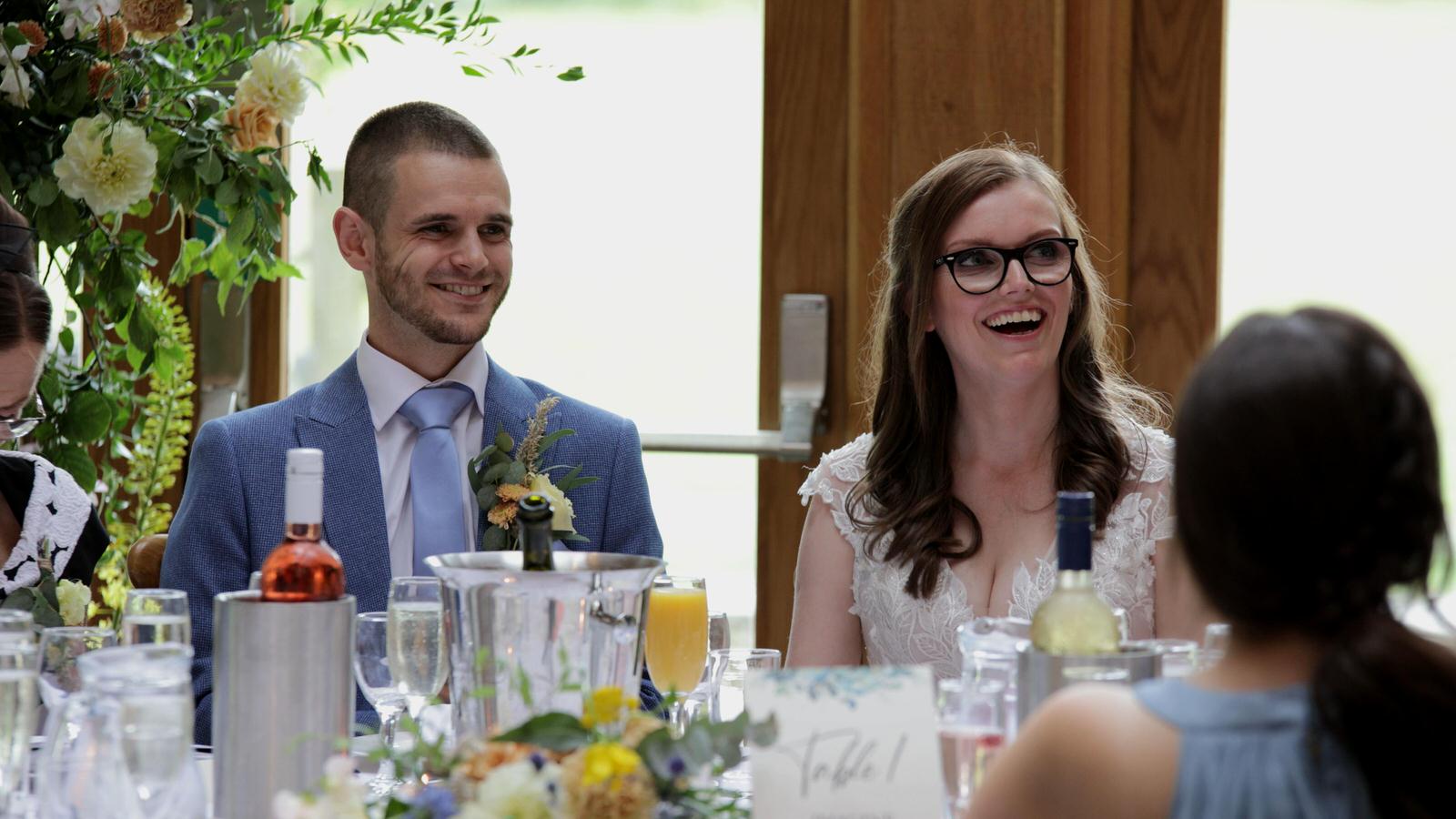 Kerry and Nicks Oaktree Peover wedding 21 bride and groom laugh at dads speech