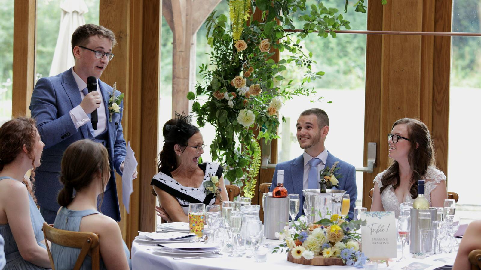 Kerry and Nicks Oaktree Peover wedding 23 best man makes the couple laugh during speech