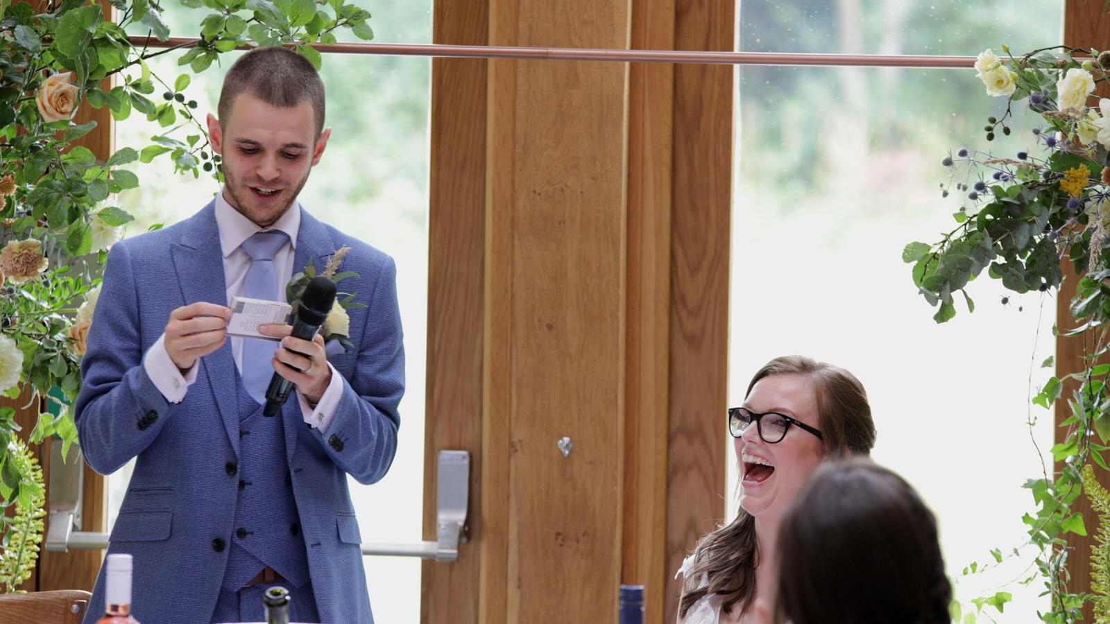 Kerry and Nicks Oaktree Peover wedding 26 groom makes bride laugh during his wedding speech