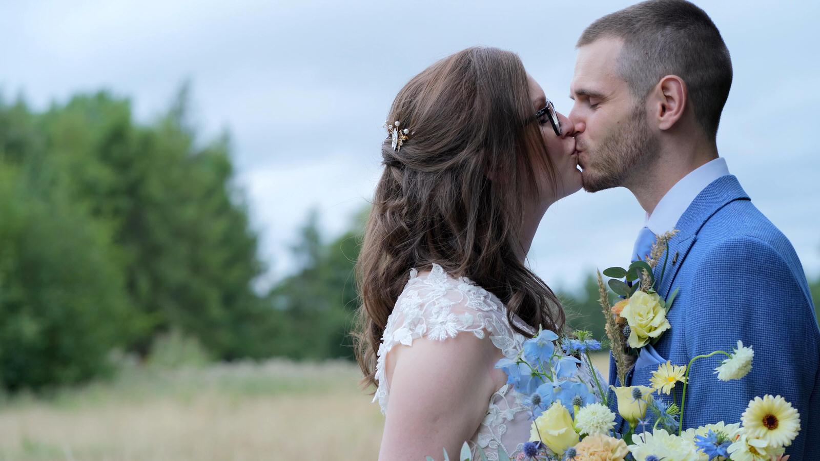 Kerry and Nicks Oaktree Peover wedding 32 couple kiss for photographer and videographer