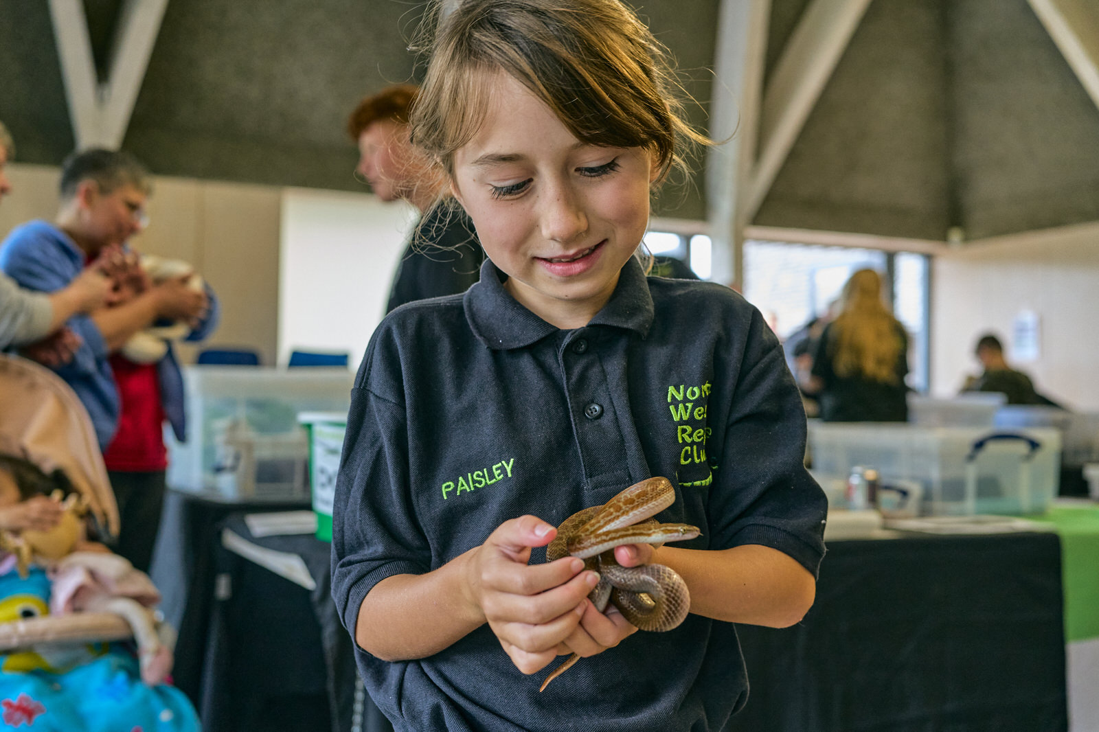 A girl excitedly holds an African House Snake at a reptile club