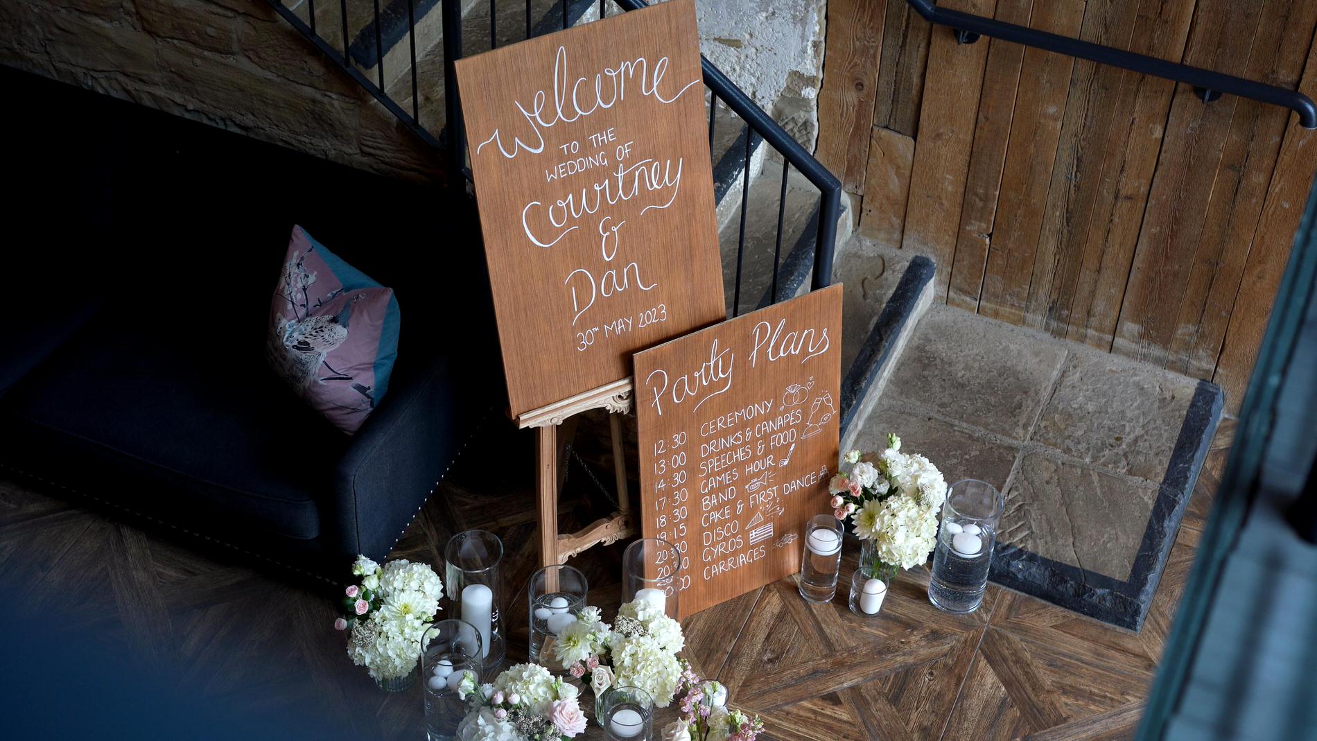 rustic wooden wedding sign at Wharfdale Grange in Yorkshire