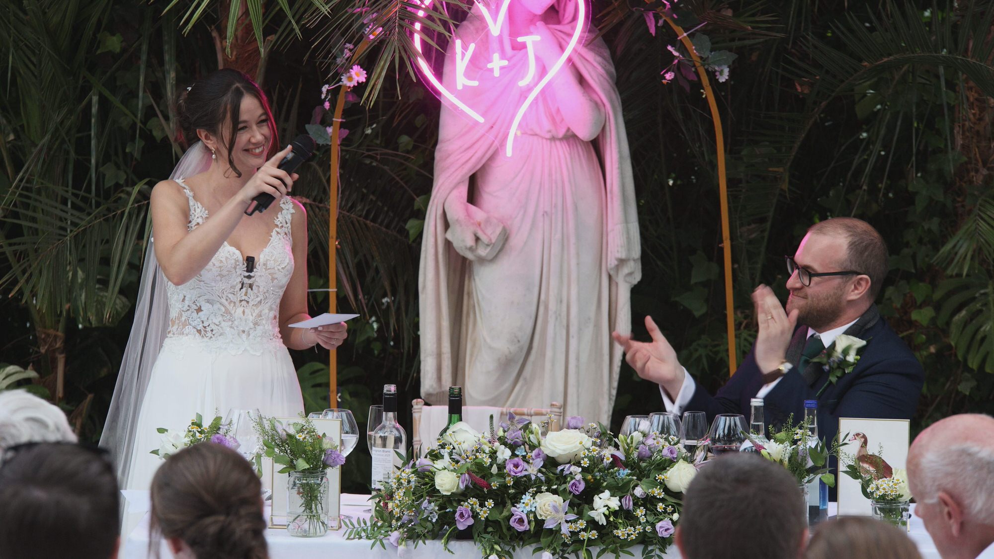 Kirsty and Josh Sefton Palm House Wedding Video 31 a bride gives a speech during her wedding at Sefton Park Palm House Liverpool