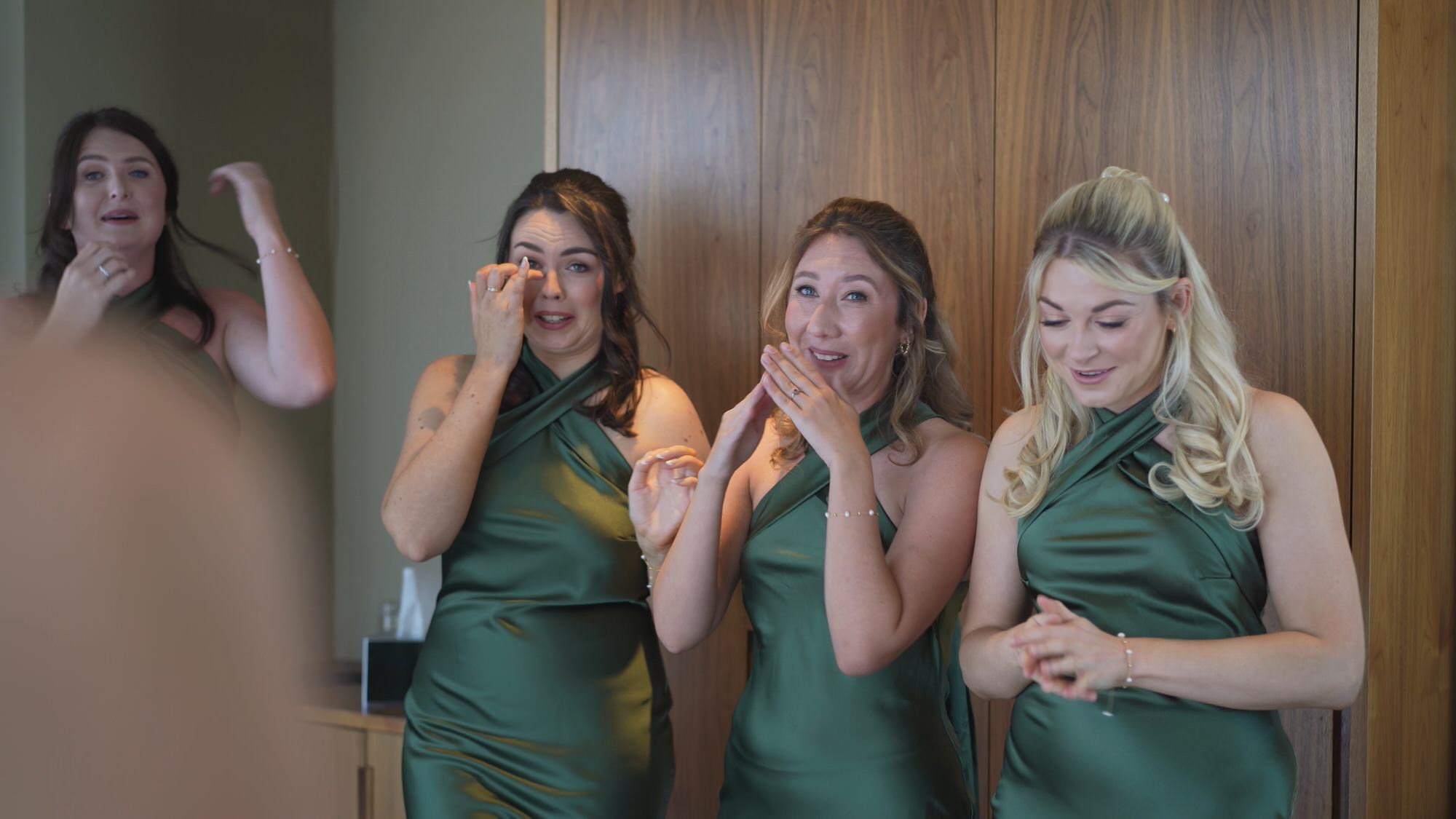 Kirsty and Josh Sefton Palm House Wedding Video 6 filming bridesmaids reacting to seeing the bride for the first time