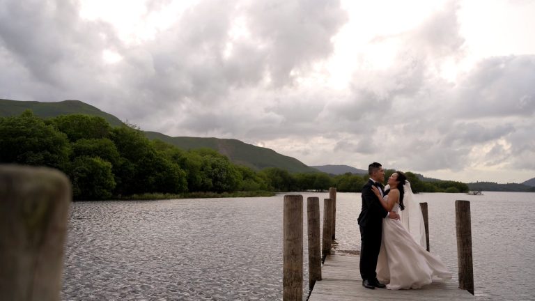 a wide video shot of a couple of the jetty by Lodore Falls Hotel in Borrowdale