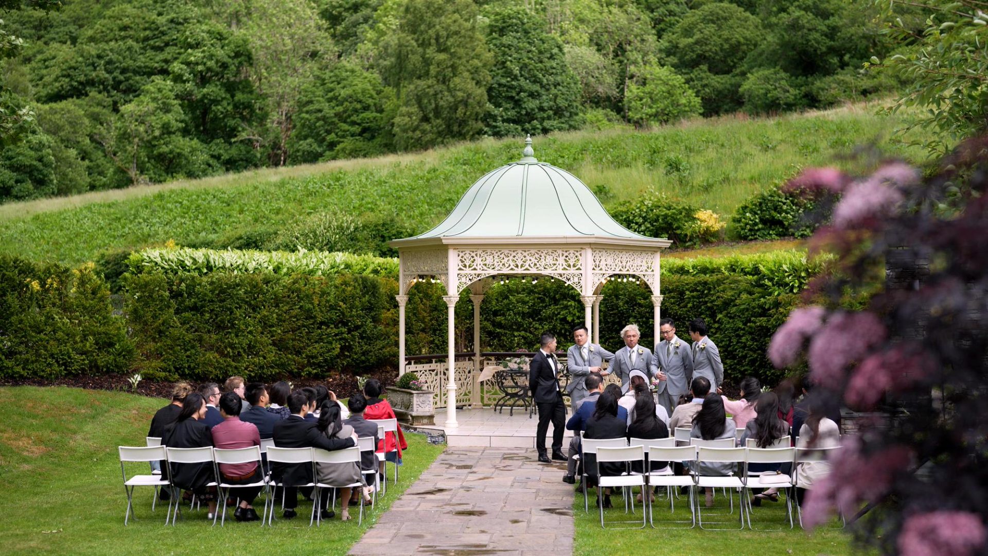 a wide shot of an outdoor ceremony at lodore falls hotel Keswick