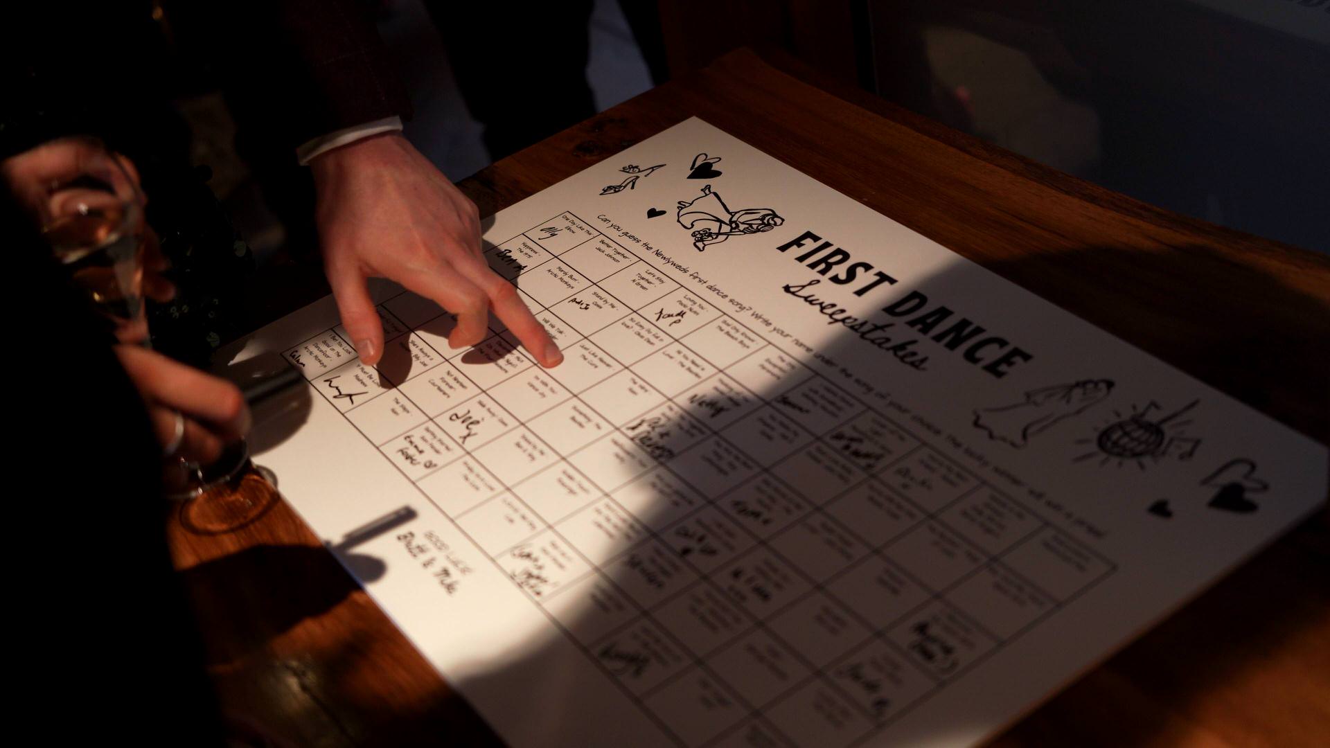 a close up of a first dance wedding guessing game