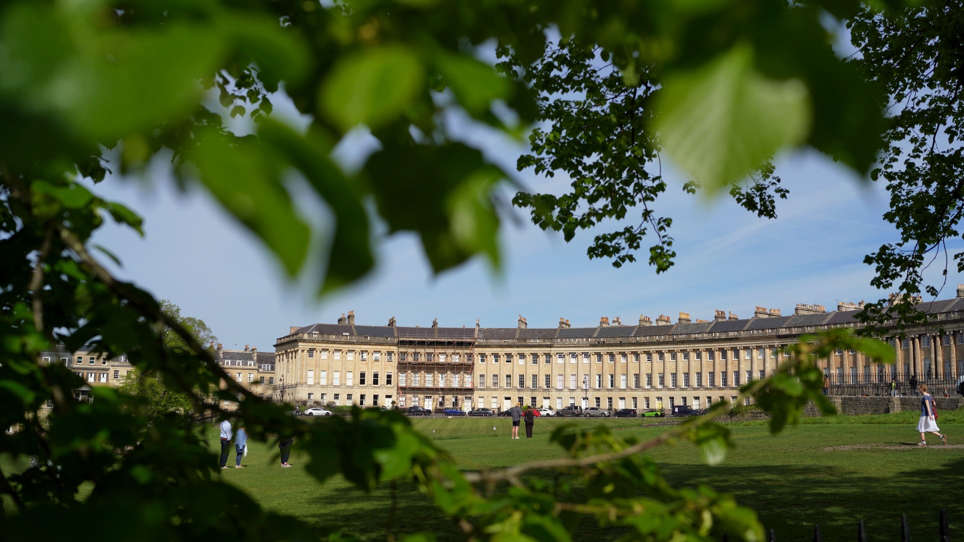 videographer gets a unique shot of Royal Crescent in Bath through trees
