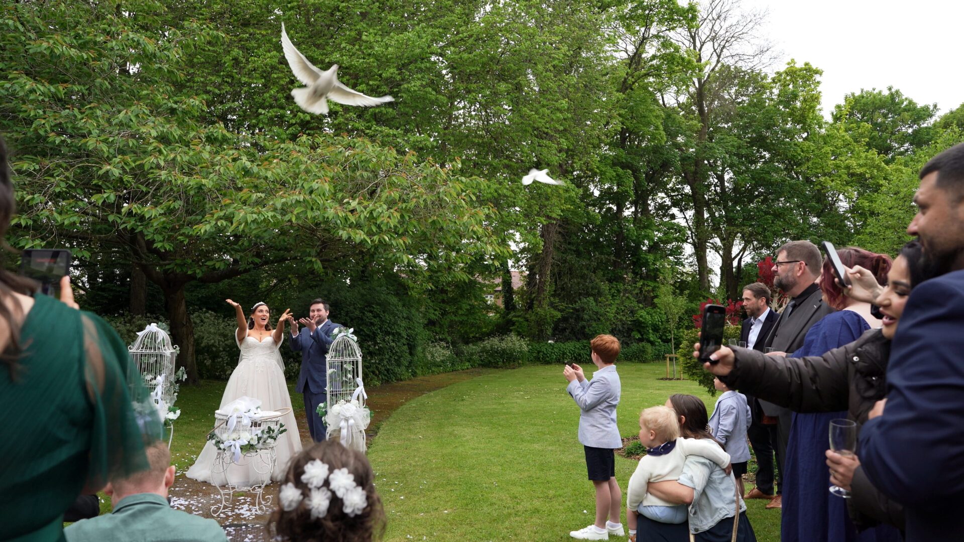 two doves fly off after a wedding ceremony at Wyre Civic Centre in Poulton Le Fylde