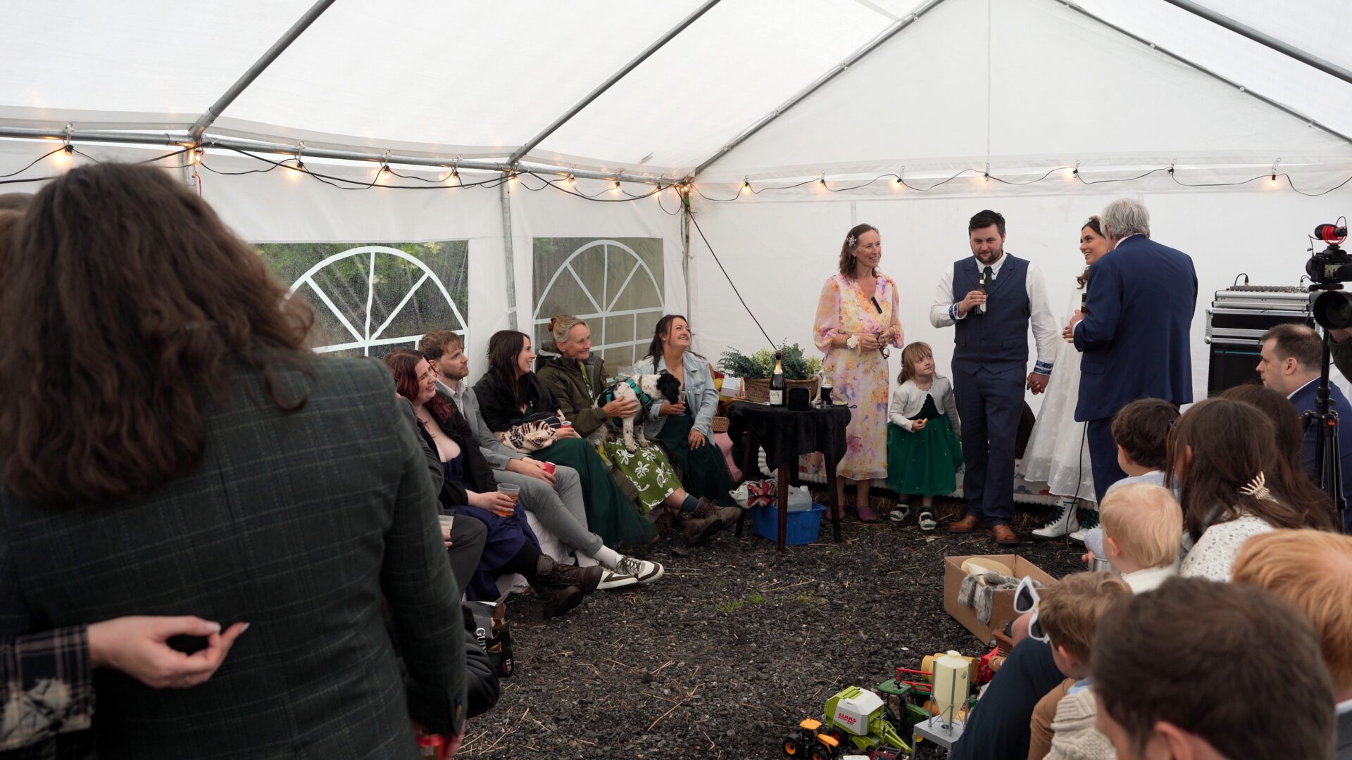 a wide shot of the wedding speeches during a DIY reception in Poulton-le-Fylde