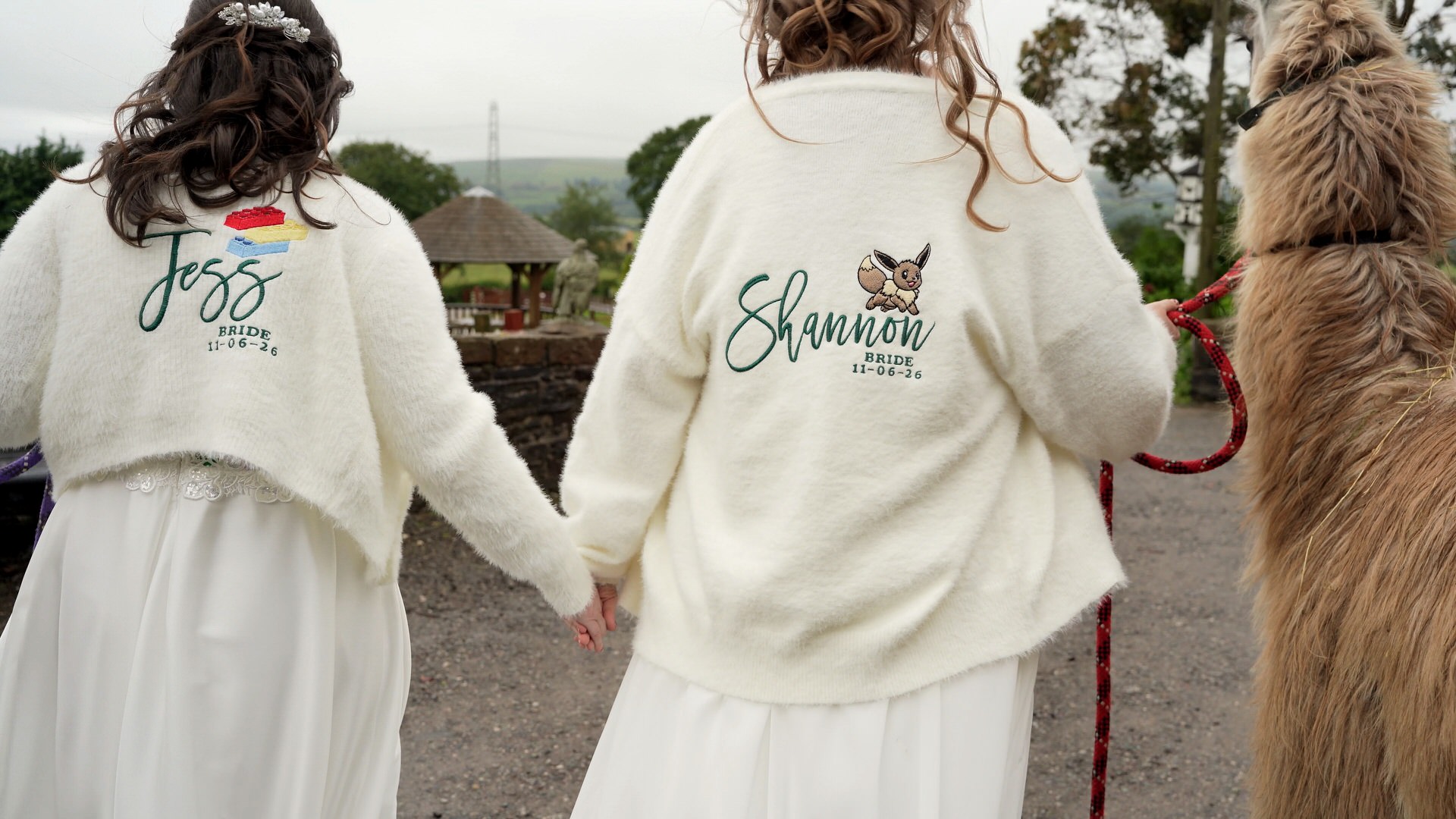 video still of custom wedding cardigans featuring lego and pokemon