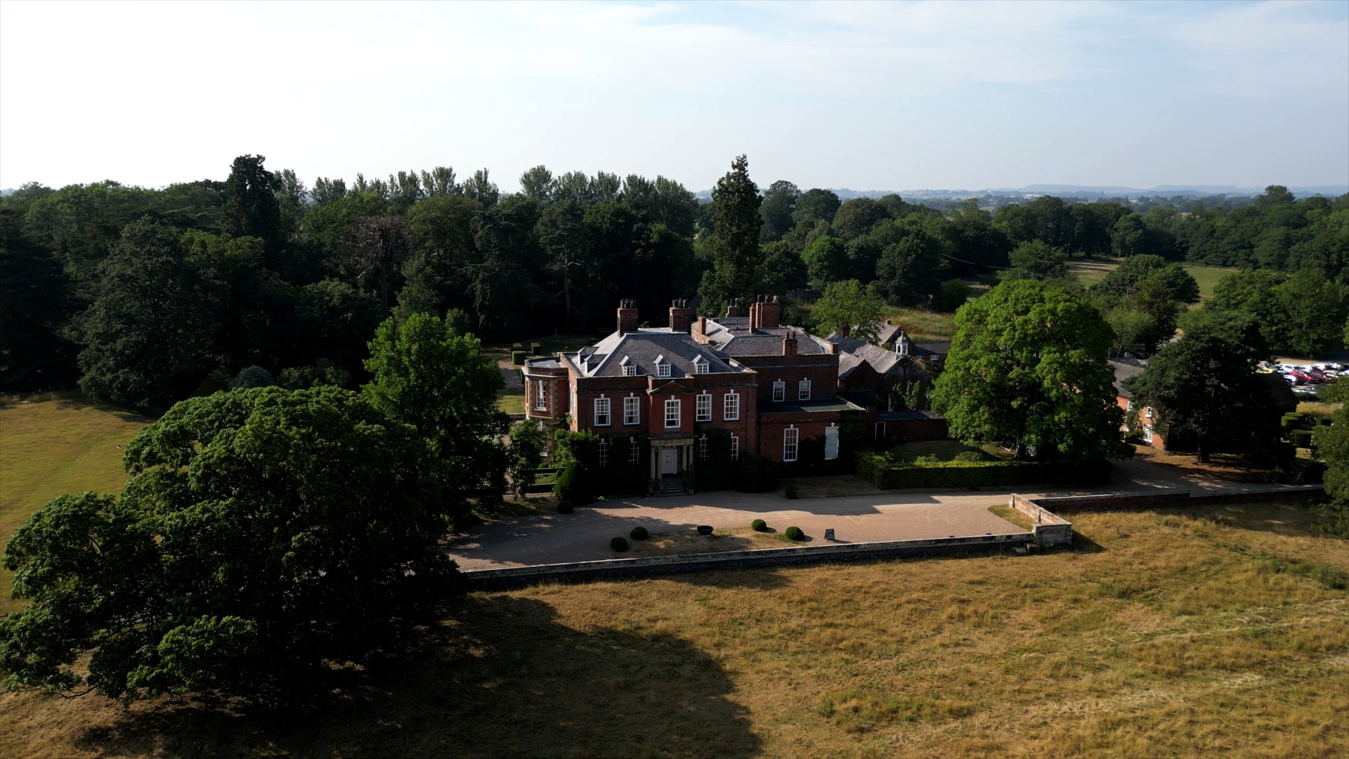 drone shot of Iscoyd Park in Shropshire Chehsire on a hot summers day